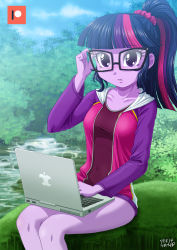 Rule 34 | 1girl, colored skin, computer, glasses, hair tie, hood, hoodie, jacket, laptop, multicolored hair, my little pony, my little pony: equestria girls, my little pony: friendship is magic, one-piece swimsuit, personification, pink hair, ponytail, purple eyes, purple hair, purple skin, sci-twi, solo, swimsuit, swimsuit under clothes, twilight sparkle, two-tone hair, uotapo