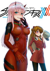 Rule 34 | 10s, 2girls, black pantyhose, blush, breasts, breasts apart, carbon12th, closed mouth, copyright name, cosplay, costume switch, covered erect nipples, cowboy shot, crossdressing, darling in the franxx, from side, grey hat, hand on own hip, hand to own mouth, hat, highres, interface headset, legs apart, legs together, looking at another, looking at viewer, military, military uniform, multiple girls, neon genesis evangelion, nose blush, pantyhose, parted bangs, parted lips, peaked cap, pilot suit, plugsuit, simple background, skin tight, souryuu asuka langley, souryuu asuka langley (cosplay), standing, sweatdrop, two side up, uniform, unworn hat, unworn headwear, white background, wide hips