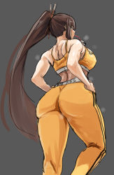 Rule 34 | 1girl, ass, bra, breasts, brown eyes, brown hair, bubble tea, bubble tea challenge, drink, drinking, drinking straw, drinking straw in mouth, dryseaweed, english text, flat ass, from behind, grey background, highres, huge ass, large breasts, last origin, long hair, looking away, midriff, object on breast, pants, ponytail, simple background, solo, sports bra, sportswear, tiequan (last origin), underwear, very long hair, yoga pants