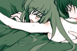 Rule 34 | 00s, 1boy, 1girl, back, bed, bed sheet, blush, breast press, breasts, c.c., closed eyes, code geass, completely nude, couple, creayus, green eyes, green hair, green theme, groping, hetero, implied sex, lelouch vi britannia, licking, long hair, lying, medium breasts, monochrome, nude, on stomach, open mouth, sheet grab, sideboob, sweat, tears, tongue, topless