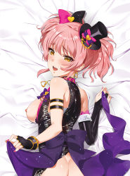 Rule 34 | 10s, 1girl, ass, back, bare shoulders, bed sheet, black gloves, blush, bow, breasts, breasts out, butt crack, choker, dakimakura (medium), earrings, eyelashes, fingerless gloves, from above, gloves, hair bow, hat, idolmaster, idolmaster cinderella girls, jewelry, jougasaki mika, looking at viewer, looking back, lying, mini hat, mini top hat, nail polish, nipples, no bra, on stomach, pink hair, smile, solo, top hat, twintails, yd (orange maru), yellow eyes
