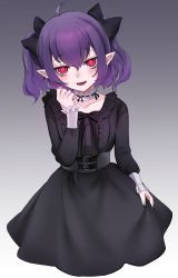 Rule 34 | 1girl, ahoge, black dress, black nails, commission, corset, demon girl, dress, fang, fangs, female focus, gothic lolita, gradient background, highres, lolita fashion, looking at viewer, nail polish, ompf, open mouth, original, pointy ears, purple hair, red eyes, ribbon, rika roseingrave, simple background, smile, solo, twintails, upper body