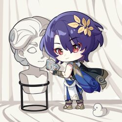 Rule 34 | 1boy, ancient greek clothes, black gloves, blue hair, book, c2323172843, chibi, closed mouth, dr. ratio (honkai: star rail), eyeliner, fingerless gloves, full body, gloves, greco-roman clothes, hair between eyes, highres, holding, holding book, honkai: star rail, honkai (series), looking at viewer, makeup, male focus, muscular, muscular male, red eyeliner, rubber duck, sandals, short hair, simple background, smile, solo, standing, statue