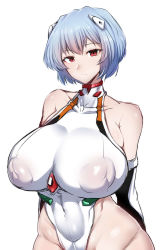 Rule 34 | 1girl, absurdres, ayanami rei, bare shoulders, blue hair, breasts, covered erect nipples, covered navel, elbow gloves, gggg, gloves, headgear, highres, large breasts, leotard, looking at viewer, neon genesis evangelion, red eyes, short hair, simple background, solo, white background