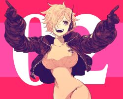 Rule 34 | 1girl, black gloves, black jacket, bodysuit, commentary, gloves, hair over one eye, highres, index fingers raised, jacket, leather, leather jacket, one eye covered, one piece, open clothes, open jacket, open mouth, shiso i4, short hair, smile, solo, teeth, vegapunk lilith