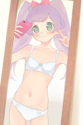 Rule 34 | 1girl, aged up, ahoge, bare arms, bare legs, bare shoulders, bow, bow bra, bra, cellphone, collarbone, commentary, cowboy shot, dot nose, full-length mirror, gluteal fold, green eyes, hair bow, head out of frame, highres, holding, holding phone, hyakumangoku masurao, indoors, long hair, looking at mirror, manaka laala, mirror, navel, panties, phone, pink bow, pretty series, pripara, purple hair, selfie, smartphone, smile, solo, standing, stomach, twintails, underwear, underwear only, v, white bra, white panties