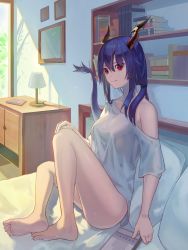 Rule 34 | 1girl, arknights, bad id, bad pixiv id, bare legs, bare shoulders, barefoot, bed, blue hair, book, bookshelf, breasts, ch&#039;en (arknights), dragon horns, dragon tail, hair between eyes, highres, horns, indoors, knee up, koharu1807, lamp, large breasts, long hair, looking at viewer, naked shirt, no pants, off-shoulder shirt, off shoulder, picture frame, pillow, red eyes, shirt, short sleeves, sitting, smile, solo, tail, thighs, white shirt