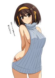 Rule 34 | &gt;:/, 1girl, :/, bare shoulders, breasts, brown eyes, brown hair, cowboy shot, haruhisky, highres, looking at viewer, medium breasts, meme attire, ribbed sweater, short hair, sideboob, simple background, solo, suzumiya haruhi, suzumiya haruhi no yuuutsu, sweat, sweater, thighs, translated, v-shaped eyebrows, virgin killer sweater, white background