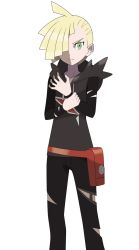 Rule 34 | 1boy, ahoge, asatsuki (fgfff), bag, black pants, blonde hair, closed mouth, collarbone, commentary request, creatures (company), ear piercing, fanny pack, frown, game freak, gladion (pokemon), green eyes, hair over one eye, hand on own wrist, highres, hood, hood down, hoodie, long sleeves, looking at viewer, male focus, nintendo, orange bag, pants, piercing, pokemon, pokemon sm, solo, standing, torn clothes, torn hoodie, torn pants, transparent background