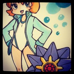 Rule 34 | 00s, 1girl, blue eyes, bubble, chibi, commentary request, creatures (company), game freak, gen 1 pokemon, gym leader, hands on own hips, jacket, misty (pokemon), nintendo, one-piece swimsuit, open mouth, orange hair, pokemon, pokemon (creature), pokemon hgss, rii, short hair, smile, standing, starmie, swimsuit
