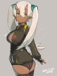 Rule 34 | 10s, 1girl, 2015, ass, black gloves, black panties, black thighhighs, blush, breasts, dark-skinned female, dark skin, dated, female focus, fingerless gloves, gloves, grey background, hair ornament, horns, jacket, katsudansou, large breasts, long hair, looking back, original, ouhana, panties, pointy ears, simple background, smile, solo, thighhighs, track jacket, twintails, underwear, white background, yellow eyes, zipper