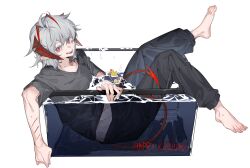 Rule 34 | 1girl, antennae, arknights, barefoot, black pants, bright pupils, commentary, demon tail, fish tank, full body, grey hair, grey shirt, happy birthday, highres, horns, looking at viewer, molu stranger, open mouth, orange eyes, pants, partially submerged, rubber duck, scar, scar on arm, shirt, short hair, short sleeves, simple background, smile, solo, tail, toes, w (arknights), water, wet, white background, white pupils