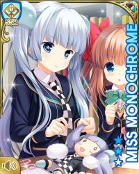 Rule 34 | 2girls, :o, blue eyes, blue jacket, blunt bangs, card, character name, checker pattern, closed mouth, day, girlfriend (kari), indoors, jacket, miss monochrome, miss monochrome (character), multiple girls, necktie, official art, open mouth, qp:flapper, school uniform, sewing, shirt, skirt, smile, solo, tagme, thighhighs, twintails, waving, white footwear, white hair, white shirt, yuuki nae