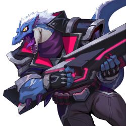 Rule 34 | 1boy, absurdres, artist request, blue skin, colored skin, drek&#039;kar (omega strikers), gun, highres, holding, holding gun, holding weapon, jacket, lizardman, no humans, official art, omega strikers, open mouth, pants, scarf, solo, spiked arm, weapon, white hair, yellow eyes