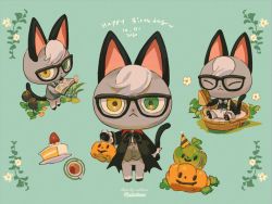 Rule 34 | 1boy, :&lt;, animal crossing, animal ears, animal hands, artist name, black-framed eyewear, black cloak, black flower, black neckwear, black shirt, bow, bowtie, cake, cat boy, cat ears, cat tail, character sheet, cloak, closed eyes, commentary, cup, dated, dress shirt, eating, flower, food, from above, green background, green eyes, green neckwear, grey hair, hand on own chin, happy birthday, hat, heterochromia, holding, holding food, jack-o&#039;-lantern, long sleeves, looking at viewer, multiple views, necktie, nintendo, no shoes, party hat, plate, raymond (animal crossing), reading, sandwich, shirt, shorts, sitting, standing, strawberry shortcake, suspenders, symbol-only commentary, tail, tea, teacup, waistcoat, welchino, white shirt, white shorts, yellow eyes