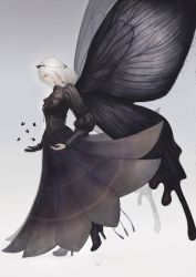 Rule 34 | 1girl, black dress, black eyes, black footwear, black gloves, black wings, boots, bug, butterfly, butterfly wings, closed mouth, commentary, dress, full body, gloves, gradient background, grey background, high heel boots, high heels, insect, insect wings, long sleeves, looking away, marumoru, original, puffy long sleeves, puffy sleeves, single glove, solo, symbol-only commentary, tiara, white hair, wings