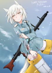 Rule 34 | 1girl, absurdres, aila paivikki linnamaa, aohashi ame, arm grab, belt, blood, blood on clothes, blue belt, blue jacket, bob cut, carrying, character name, dated, english text, flying, frown, grimace, gun, happy birthday, highres, jacket, long sleeves, luminous witches, machine gun, mg42, military, military uniform, night, night sky, no pants, outdoors, pantyhose, short hair, silver hair, sky, solo, striker unit, torn clothes, torn pantyhose, uniform, v-shaped eyebrows, weapon, world witches series, yellow eyes