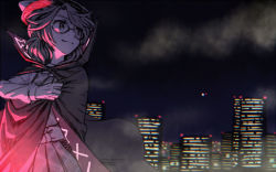Rule 34 | 1girl, building, city, cityscape, cloak, clothes pull, clothes writing, cloud, cloudy sky, fedora, glasses, hat, long sleeves, looking up, meimaru inuchiyo, night, night sky, plaid, plaid skirt, plaid vest, runes, school uniform, short hair, short twintails, skirt, sky, smile, touhou, twintails, usami sumireko, vest