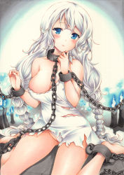 Rule 34 | 1girl, avrora (azur lane), avrora (shackled saule) (azur lane), azur lane, backlighting, bare shoulders, barefoot, blue eyes, blue fire, blush, braid, breasts, candle, chain, cleavage, collarbone, cuffs, fire, head tilt, highres, large breasts, long hair, no panties, parted lips, saya pr, shackles, sitting, torn clothes, traditional media, twin braids, wariza, white hair