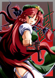 Rule 34 | 1girl, aiming, aiming at viewer, border, bow, braid, chinese clothes, dual wielding, erekuto, garter straps, gradient background, green eyes, gun, hair bow, handgun, hat, highres, holding, hong meiling, long hair, mauser c96, open mouth, pistol, red hair, smile, solo, star (symbol), thighhighs, touhou, twin braids, weapon