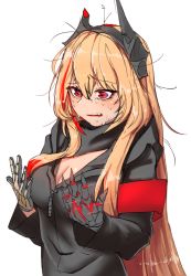 Rule 34 | 1girl, blonde hair, breasts, cleavage, fang, girls&#039; frontline, large breasts, long hair, looking down, m4 sopmod ii (girls&#039; frontline), messy hair, open mouth, red eyes, sd bigpie, simple background, solo, sopmod, sweat, tagme, white background