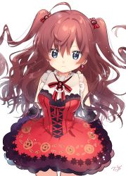 Rule 34 | 10s, 1girl, ahoge, bare shoulders, blue eyes, bow, brown hair, commentary request, dress, earrings, hair between eyes, hair bow, highres, ichinose shiki, idolmaster, idolmaster cinderella girls, jewelry, long hair, looking at viewer, red dress, signature, solo, twintails, two side up, wavy hair, aged down, zuho (vega)