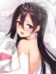 Rule 34 | 1boy, :d, alternate costume, armpit crease, backless dress, backless outfit, bare shoulders, blush, bridal veil, bride, brown hair, close-up, collarbone, crossdressing, dress, earrings, elbow gloves, eyelashes, flat chest, flower, gloves, hair between eyes, highres, jewelry, kirito, kirito (sao-ggo), long hair, looking at viewer, lying, male bride, necklace, on side, open mouth, portrait, purple eyes, rose, shadow, shiny skin, sidelocks, smile, solo, strapless, strapless dress, sword art online, teeth, tiara, trap, upper teeth only, veil, wedding dress, white dress, white flower, white gloves, white rose, yaguo