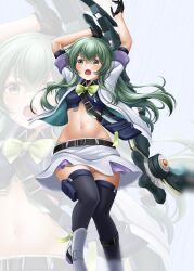 Rule 34 | 1girl, arms up, assault lily, bag, belt, black belt, black gloves, black shirt, black thighhighs, blush, boots, bow, bowtie, breasts, collared shirt, commentary request, crop top, crossed bangs, feet out of frame, floating hair, gloves, green eyes, grey background, hair between eyes, half gloves, highres, holding, holding weapon, incoming attack, jacket, leg up, long hair, looking at viewer, medium breasts, midriff, miniskirt, motion blur, navel, official alternate costume, open clothes, open jacket, open mouth, pouch, satchel, shirt, short sleeves, sidelocks, skirt, solo, standing, standing on one leg, stomach, thigh pouch, thighhighs, toki kureha, tsutsuo rashin, v-shaped eyebrows, wavy hair, weapon, white footwear, white jacket, white skirt, yellow bow, yellow bowtie, zettai ryouiki, zipper pull tab, zoom layer