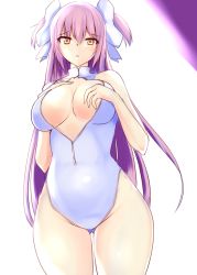 Rule 34 | 10s, 1girl, blush, breasts, cleavage, cleavage cutout, clothing cutout, curvy, front zipper swimsuit, gluteal fold, hair ribbon, ishikiyo uyori, kaname madoka, large breasts, long hair, looking at viewer, mahou shoujo madoka magica, mahou shoujo madoka magica (anime), meme attire, one-piece swimsuit, open mouth, pink hair, ribbon, solo, spoilers, swimsuit, twintails, two side up, ultimate madoka, unzipped, wide hips, yellow eyes, zipper