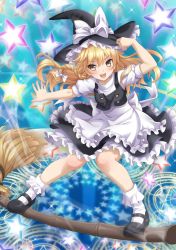 Rule 34 | 1girl, apron, blonde hair, blush, bobby socks, bow, braid, broom, broom surfing, danmaku, danmaku!!, full body, hair bow, hand on headwear, hand up, hat, hat bow, highres, jpeg artifacts, kirisame marisa, knees together feet apart, long hair, looking at viewer, magic circle, mary janes, open mouth, outstretched arm, puffy short sleeves, puffy sleeves, shoes, short sleeves, side braid, single braid, skirt, skirt set, smile, socks, solo, sparkle, star (symbol), starry background, touhou, v-shaped eyebrows, waist apron, wanaca, white socks, witch hat, yellow eyes