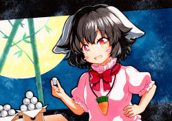 Rule 34 | 1girl, animal ears, bad id, bad pixiv id, bamboo, black hair, blue background, blush stickers, bow, bowtie, carrot necklace, dress, food, full moon, hair between eyes, hand on own hip, holding, holding food, inaba tewi, jewelry, looking at viewer, moon, necklace, open mouth, orange eyes, pink dress, puffy short sleeves, puffy sleeves, qqqrinkappp, rabbit ears, red bow, red bowtie, short sleeves, solo, touhou, traditional media, upper body