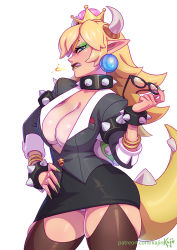 Rule 34 | 1girl, armlet, black lips, blonde hair, blue eyes, bowser logo, bowsette, bracelet, breasts, brown thighhighs, cleavage, clenched teeth, doug bowser, unworn eyewear, formal, hand on own hip, holding, holding removed eyewear, horns, jewelry, kajin (kajinman), large breasts, lipstick, long hair, looking at viewer, makeup, mario (series), microskirt, name connection, new super mario bros. u deluxe, nintendo, no bra, panties, pantyshot, pencil skirt, pointy ears, skindentation, skirt, skirt suit, solo, spiked armlet, spiked bracelet, spikes, standing, suit, super crown, tail, teeth, thighhighs, thighs, underwear, white background