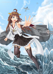 Rule 34 | 10s, 1girl, absurdres, ahoge, aircraft, airplane, artist name, detached sleeves, highres, kantai collection, kongou (kancolle), ocean, open hand, outstretched hand, solo, thighhighs, tri-edge, waves, zettai ryouiki