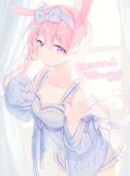 Rule 34 | 1girl, animal ears, bare shoulders, blue bow, blush, bow, breasts, cleavage, closed mouth, collarbone, commission, cowboy shot, curtains, dress, frilled dress, frills, hair between eyes, hair bow, hair ornament, hairband, hands up, highres, indie virtual youtuber, jacket, komomo (2899), leaning forward, long hair, long sleeves, looking at viewer, medium breasts, off shoulder, open clothes, open jacket, pink hair, purple eyes, rabbit ears, rabbit hair ornament, side ponytail, signature, skeb commission, sleeveless, sleeveless dress, sleeves past fingers, sleeves past wrists, smile, solo, tomomo mimiko, virtual youtuber, white dress, window