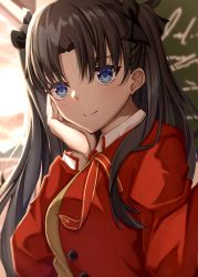 Rule 34 | 1girl, absurdres, black hair, black ribbon, blue eyes, blush, buttons, closed mouth, collared shirt, fate/stay night, fate (series), hair ribbon, hand on own cheek, hand on own face, hand up, highres, jacket, long sleeves, neck ribbon, raised eyebrows, red jacket, ribbon, shirt, smile, solo, tohsaka rin, toukan, two side up, upper body, white shirt