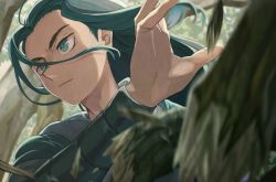 Rule 34 | 1boy, aqua eyes, blurry, blurry background, blurry foreground, hair between eyes, hand up, long hair, male focus, outdoors, shadow, solo, t en1 0, luo xiaohei zhanji, tree, upper body, wuxian (the legend of luoxiaohei)