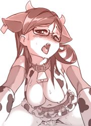 Rule 34 | 10s, 1girl, animal ears, bell, blush, bottomless, breasts, breasts out, cleavage, collar, cosplay, cow ears, cow horns, cowbell, cowgirl position, ear tag, girl on top, glasses, hetero, horns, idolmaster, idolmaster cinderella girls, katawa shoujo, large breasts, long hair, looking at viewer, monochrome, navel, neck bell, nipples, nose blush, oikawa shizuku, oikawa shizuku (cosplay), open mouth, penis, pov, pussy, rtil, saliva, sex, shirakawa yuuko, simple background, skirt, solo focus, straddling, sweat, tongue, uncensored, vaginal