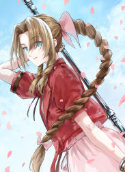 Rule 34 | 1girl, aerith gainsborough, aqua eyes, bangle, blue sky, bracelet, braid, braided ponytail, brown hair, cowboy shot, cropped jacket, dress, dutch angle, final fantasy, final fantasy vii, final fantasy vii remake, hair ribbon, highres, holding, holding staff, jacket, jewelry, long hair, looking at viewer, necklace, outdoors, pageratta, parted bangs, pink dress, pink ribbon, puffy short sleeves, puffy sleeves, red jacket, ribbon, short sleeves, sidelocks, sky, smile, solo, staff, weapon, weapon on back