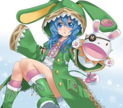 Rule 34 | 10s, 1girl, animal ears, animal hood, blue eyes, blue hair, blush, boots, date a live, detached sleeves, exaxuxer, flat chest, green footwear, hand puppet, highres, hood, hooded jacket, jacket, kneehighs, knees together feet apart, long hair, matching hair/eyes, pink socks, puppet, rabbit ears, rubber boots, sleeves past wrists, snow, socks, solo, yoshino (date a live), yoshinon