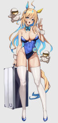 Rule 34 | 1girl, absurdres, alternate breast size, animal ears, aqua bow, aqua bowtie, bare arms, bare shoulders, blonde hair, blue archive, blue eyes, blue footwear, blue hair, blue leotard, blush, bow, bowtie, breasts, cleavage, cosplay, covered navel, dated, detached collar, feipin zhanshi, full body, grey background, hand up, highleg, highleg leotard, highres, holding, horse ears, horse girl, large breasts, leotard, long hair, multicolored hair, neo universe (umamusume), open mouth, playboy bunny, simple background, solo, standing, thighhighs, thighs, toki (blue archive), toki (blue archive) (cosplay), toki (bunny) (blue archive), two-tone hair, umamusume, white thighhighs, wrist cuffs