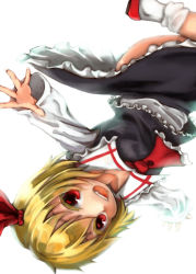 Rule 34 | 1girl, :d, ascot, blonde hair, blouse, colored eyelashes, frilled skirt, frills, hair ribbon, miki nezumi, open mouth, outstretched arms, red eyes, ribbon, rumia, shirt, short hair, skirt, smile, spread arms, touhou, upside-down, vest