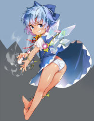 Rule 34 | 1girl, ass, bare legs, barefoot, blue eyes, blue hair, bow, cirno, dress, flower, from behind, full body, grin, hair bow, hidden star in four seasons, highres, looking back, panties, ribbon, sankyaku tako, short hair, sideways mouth, simple background, smile, snowman, solo, striped clothes, striped panties, sunflower, tan, tanned cirno, touhou, underwear, wings
