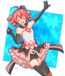 Rule 34 | 1girl, arms up, bare shoulders, blush, dress, drill hair, dutch angle, elbow gloves, closed eyes, feet out of frame, frilled skirt, frills, garter straps, gloves, hat, headphones, kasane teto, leaf, leg up, necktie, np eny, outstretched arm, red hair, ribbon, short hair, shorts, shoulder tattoo, simple background, skirt, sleeveless, sleeveless dress, smile, solo, square, tattoo, thighhighs, utau, white background, zettai ryouiki