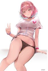 Rule 34 | 1girl, absurdres, ahoge, arm support, bare legs, black panties, blue hair, blush, breasts, closed mouth, embarrassed, fang, hair intakes, heart on chest, highres, idolmaster, idolmaster cinderella girls, large breasts, looking at viewer, multicolored hair, navel, no pants, panties, pink eyes, pink hair, pjkka, see-through, shirt, short hair, short sleeves, solo, t-shirt, tears, thigh gap, thighs, two-tone hair, underwear, v, wavy mouth, white shirt, yumemi riamu