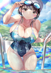 Rule 34 | 1girl, absurdres, bare arms, black hair, black one-piece swimsuit, blue sky, blunt bangs, blush, breasts, brown eyes, building, chain-link fence, cleavage, closed mouth, cloud, collarbone, commentary request, competition swimsuit, covered navel, day, fence, goggles, goggles on head, groin, highres, hill, large breasts, lens flare, nose blush, ogata tei, one-piece swimsuit, original, outdoors, pool, pool ladder, sky, smile, solo, standing, swimsuit, thigh gap, thighs, wet