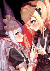 Rule 34 | 2girls, artist name, black nails, blonde hair, blue eyes, blush, commentary request, demon horns, earrings, eye contact, frills, from side, highres, hololive, horns, identity (vocaloid), jewelry, kazama iroha, la+ darknesss, light purple hair, long hair, looking at another, multicolored hair, multiple girls, nail polish, palms together, parted lips, pointy ears, ponytail, profile, puffy short sleeves, puffy sleeves, pupu ayaba, purple hair, shadow, short sleeves, star (symbol), star earrings, two-tone hair, upper body, virtual youtuber, vocaloid, wrist cuffs, yellow eyes, yuri