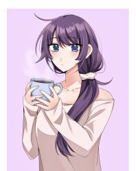 Rule 34 | 1girl, bare shoulders, blue eyes, blush, closed mouth, collarbone, cup, eyelashes, grey shirt, hair between eyes, hair ornament, hair over shoulder, hair scrunchie, hands up, highres, holding, holding cup, jmfz5558, long hair, looking at viewer, monogatari (series), mug, off-shoulder shirt, off shoulder, official alternate hairstyle, ponytail, purple background, purple hair, scrunchie, senjougahara hitagi, shadow, shirt, sidelocks, simple background, sleeves past wrists, solo, steam, upper body
