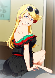 Rule 34 | 1girl, aged up, alternate costume, bare arms, bare shoulders, bed, bedroom, belt, black dress, blonde hair, blue eyes, blurry, blush, breasts, depth of field, dress, eyewear on head, grin, highres, indoors, jcm2, knee up, large breasts, leni loud, long hair, looking at viewer, looking back, medium breasts, no bra, nose blush, on bed, red belt, sash, seductive smile, short dress, sitting, smile, solo, strapless, strapless dress, sunglasses, sunglasses on head, swept bangs, the loud house