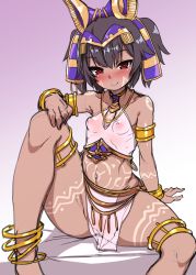 Rule 34 | 1girl, absurdres, anklet, bare shoulders, black hair, blush, bracelet, dark-skinned female, dark skin, egyptian clothes, full-body tattoo, harigane shinshi, highres, jewelry, midriff, navel, necklace, nipples, original, red eyes, see-through, sitting, smile, solo, spread legs, tattoo