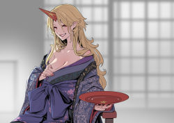 Rule 34 | 1girl, bare shoulders, blonde hair, blue kimono, blue sash, blurry, blurry background, breasts, brown nails, cleavage, clothes down, collarbone, commentary, cup, fingernails, grey background, grin, hair behind ear, hair over shoulder, half-closed eyes, highres, holding, holding clothes, holding cup, horns, hoshiguma yuugi, hoshiguma yuugi (kimono), indoors, japanese clothes, kawayabug, kimono, large breasts, long fingernails, long hair, looking at viewer, naughty face, off shoulder, pointy ears, red eyes, red horns, revision, sakazuki, sash, shouji, single horn, sliding doors, slit pupils, smile, solo, star (symbol), touhou, wide sleeves
